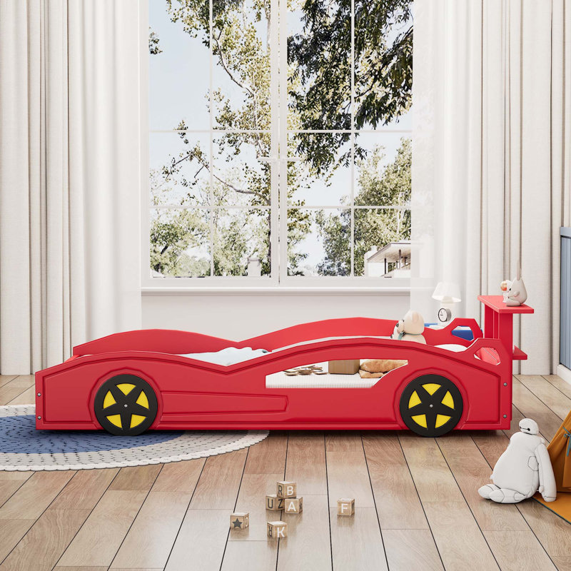 Lit de voiture de course en bois, plateforme en forme de voiture, Rouge