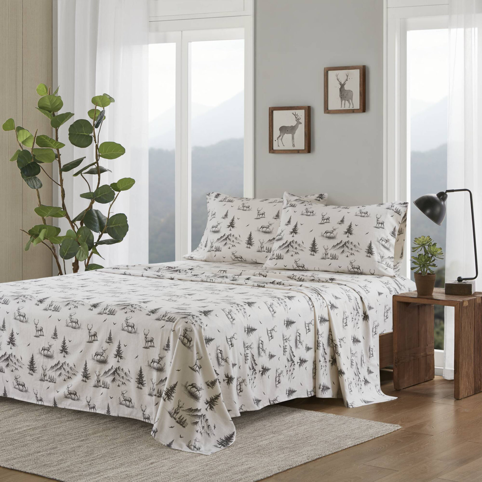 Woolrich 100% Cotton Flannel Sheet Set, Queen Sheet Set with 2 Pillowcases, Gray Forest