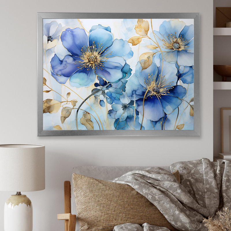 Bleu et or violettes ornées, Cadre simple argenté, H 16 po x l 32 po x P 1 po