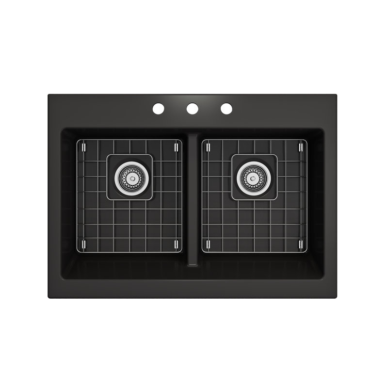 Nuova 34'' L Retro-fit Apron-Front Double Basin Kitchen Sink, Matte Black