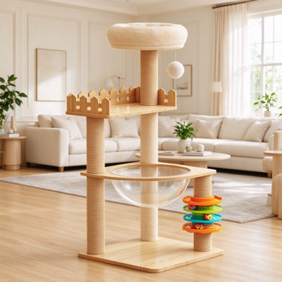 Tour pour arbre à chat en bois multifonctionnel avec poteaux à griffes recouverts de sisal et perchoir supérieur