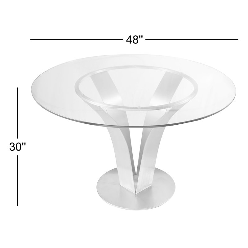 Table de salle à manger de 48 po de large Cantu en acier inoxydable avec verre