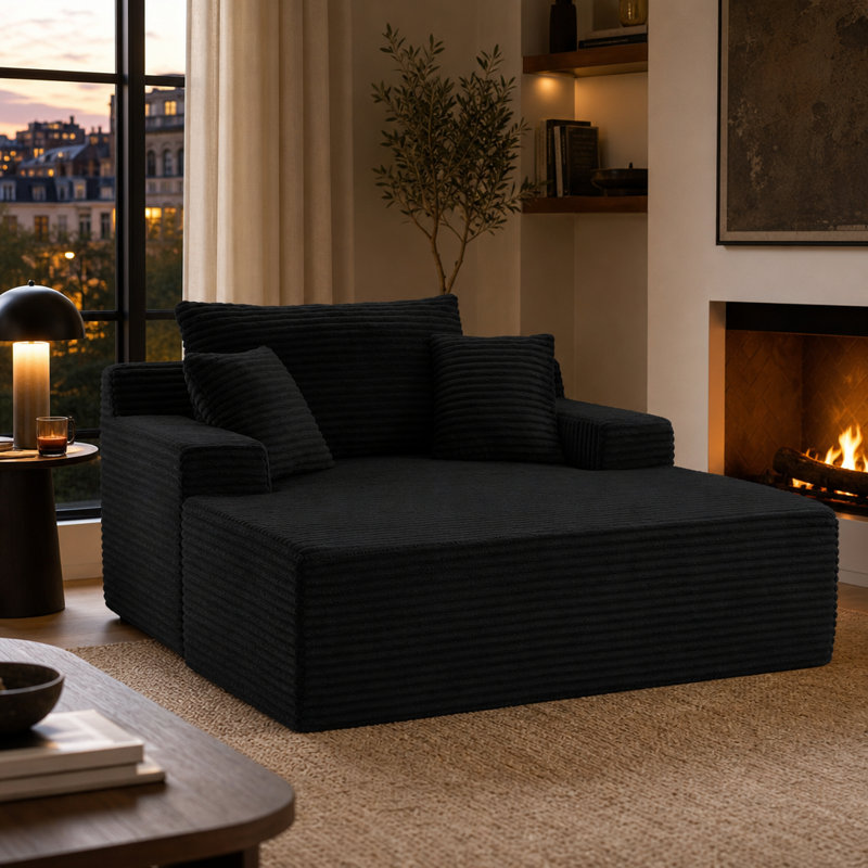 Chaise longue d'intérieur surdimensionnée avec 3 coussins, fauteuil en velours côtelé noir de 143 cm pour salon