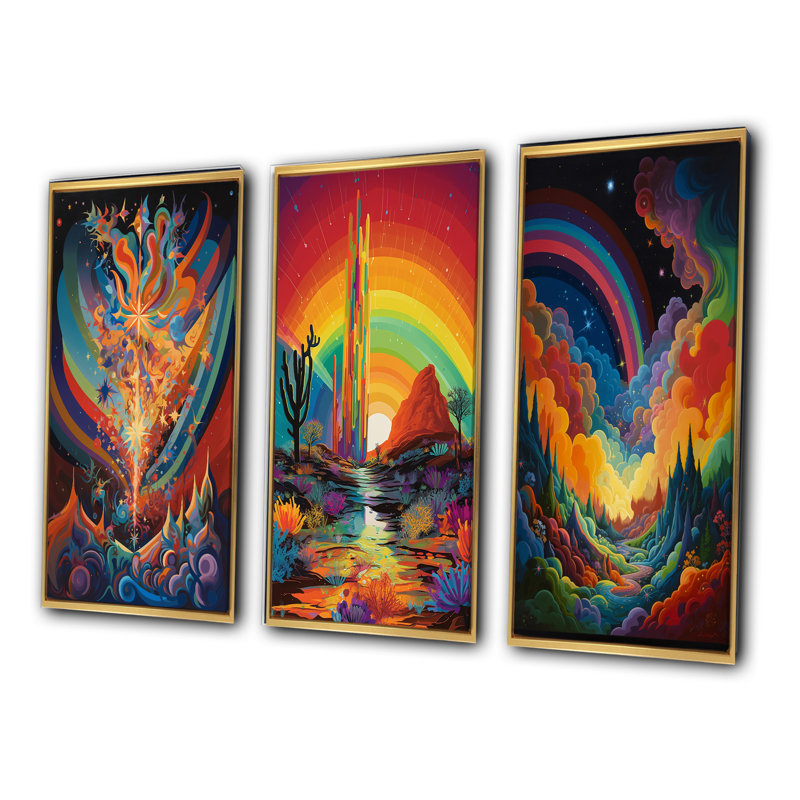 «Mysterious Rainbow Vision Landscape», 3 pièces sur toile, Cadre flottant doré, H 20 po x l 36 po