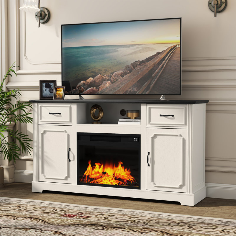 Meuble télé 60 po pour téléviseur de 65 po ou moins avec foyer électrique inclus, Blanc
