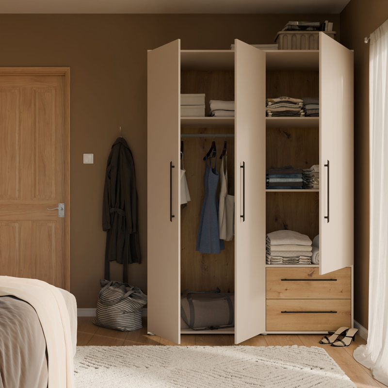 Mijah 3 Door Manufactured Wood Wardrobe, Oak/Beige