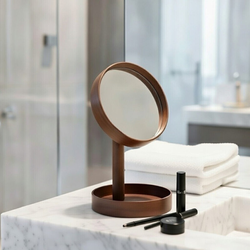 Round Floor Mirror, Dark Brown Wood