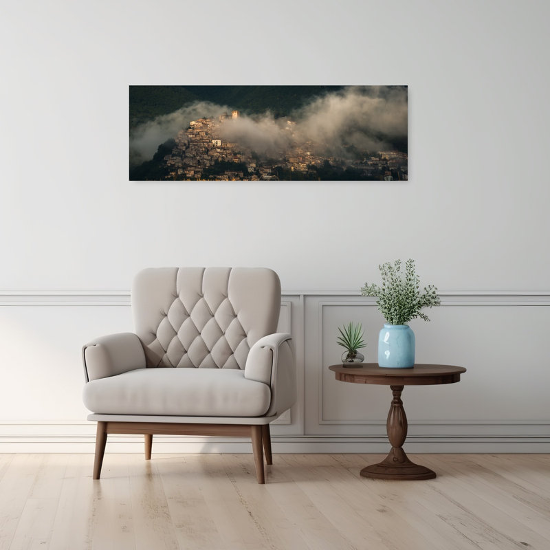 Art doré d'automne, «Golden Wheat Misty Village», architecture contemporaine abstraite, H 12 po x l 36 po