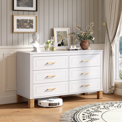 Commode double à 6 tiroirs, armoire de rangement moderne avec poignées en métal et pieds en bois massif, organisateur de tiroir pour chambre d'enfant, commode en bois robuste avec préinstallé