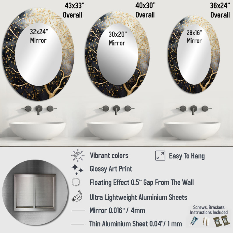Golden Branch Tree Luminous Tangle II - Tree Monochrome Round Mirror Wall Decor, 43 po x 33 po, Ovale