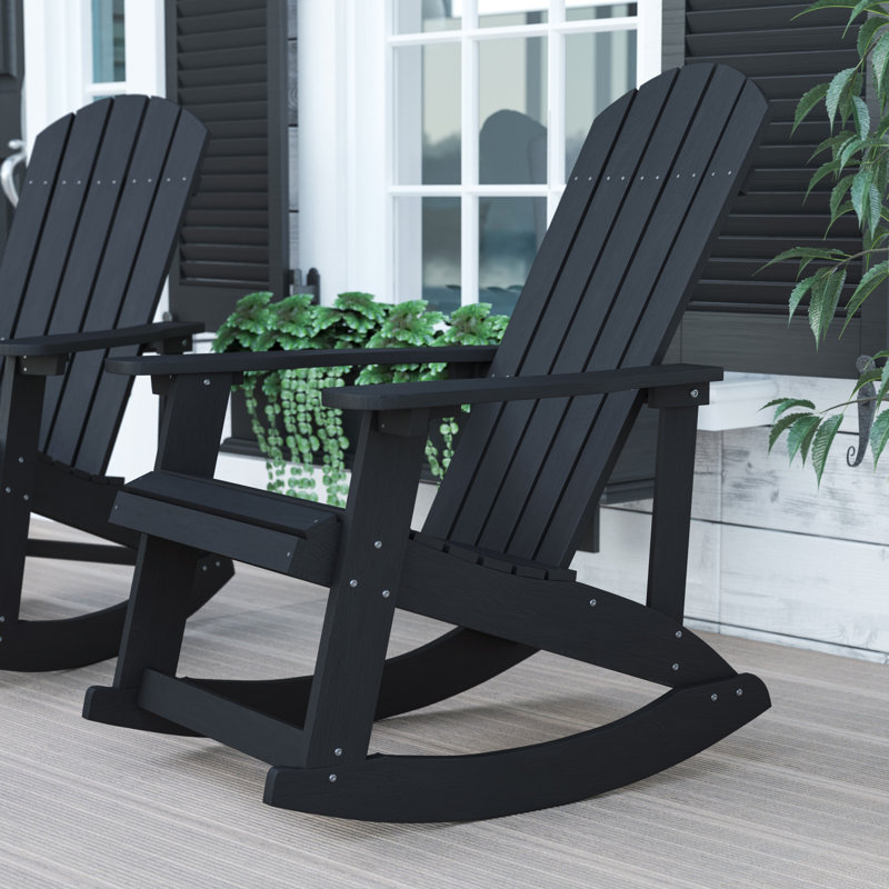 Baltazar Polyresin Wood Indoor/Outdoor Adirondack Rocking Chair, Black