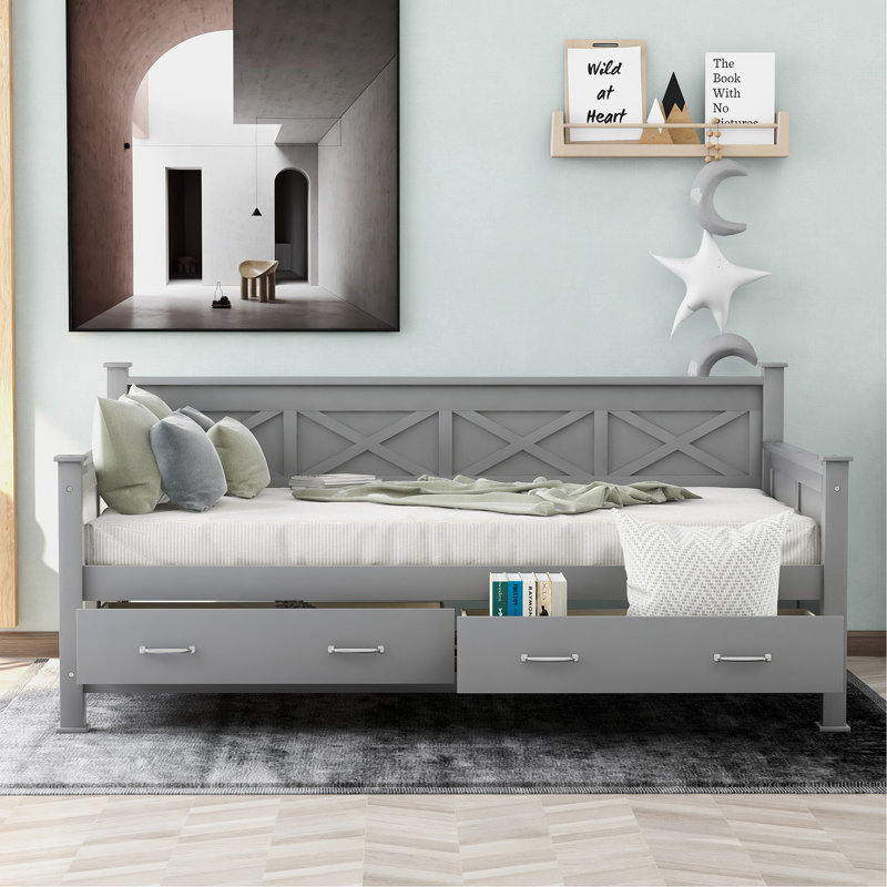 Twin Size Daybed With 2 Large Drawers, X-Shaped Frame, Modern And Rustic Casual Style Daybed, Gray