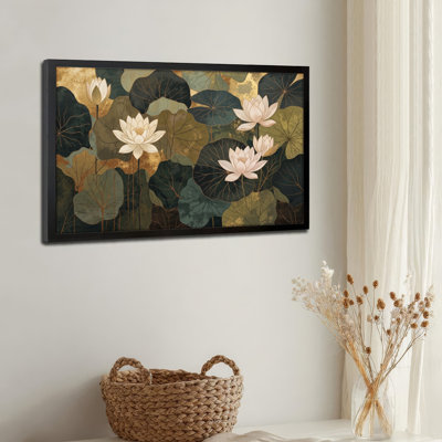 Art mural sur toile noir encadré pour le salon, la chambre à coucher, le bureau ou le vestibule - décoration murale décorative avec feuilles de lotus