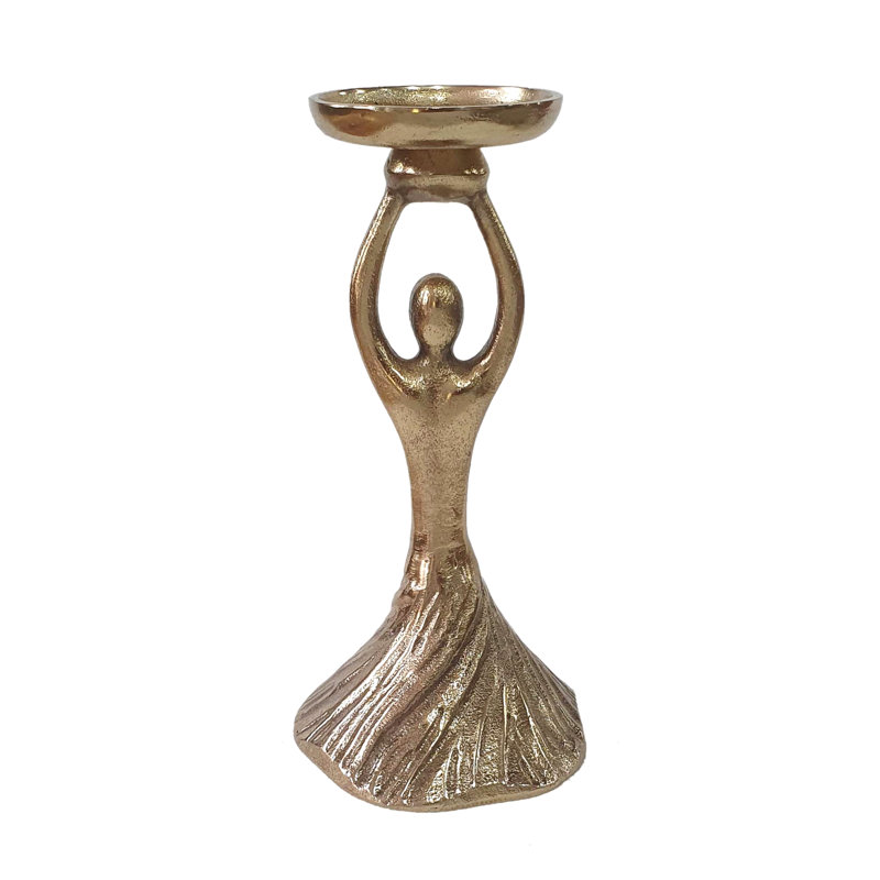 Gold Aluminum Pillar Holder With Abstract Lady Design, 9.5" H x 4.5" W x 4.5" D
