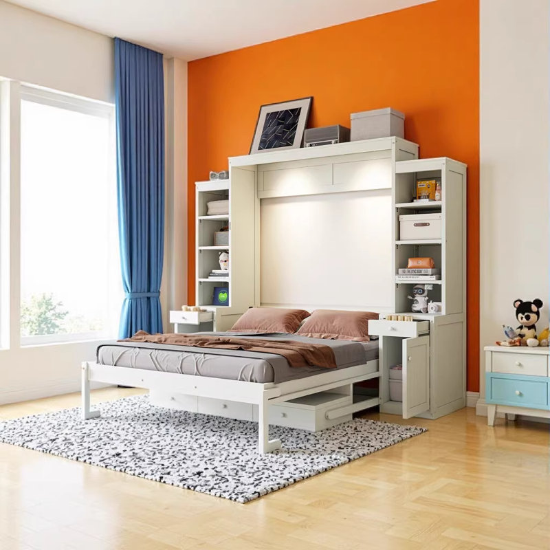 Grand lit escamotable avec bureau et rangement, lit mural en bois peu encombrant avec armoires et tiroirs - blanc / espresso