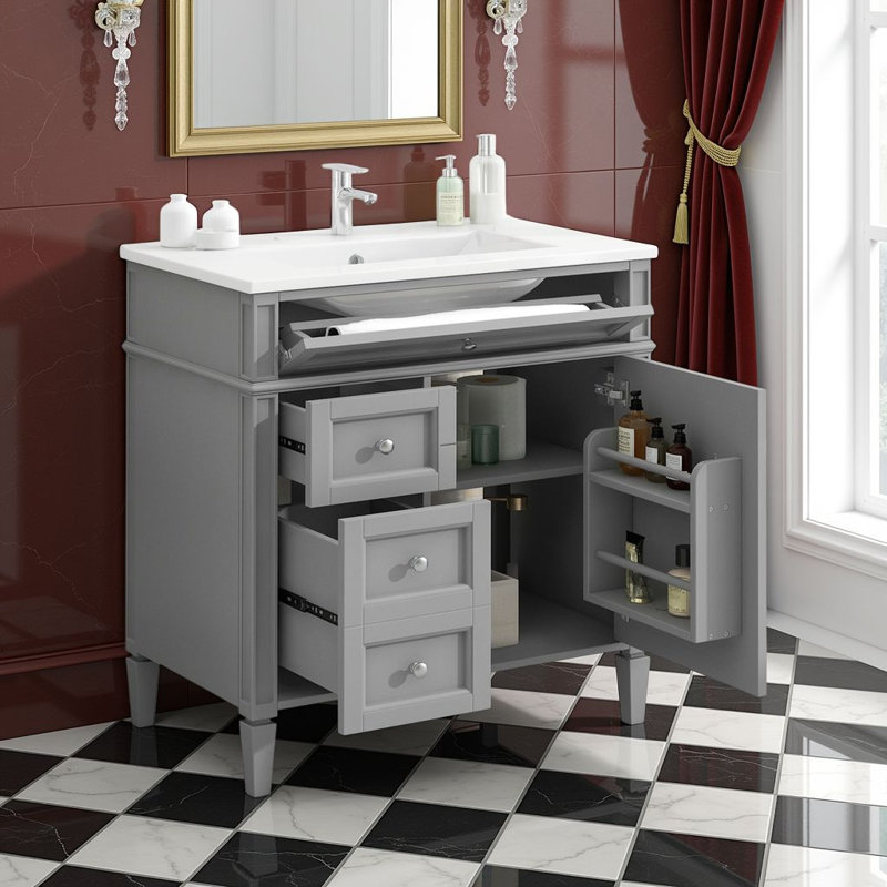 Meuble-lavabo moderne de 30 po avec lavabo en céramique et solutions de rangement intelligentes?, Gris