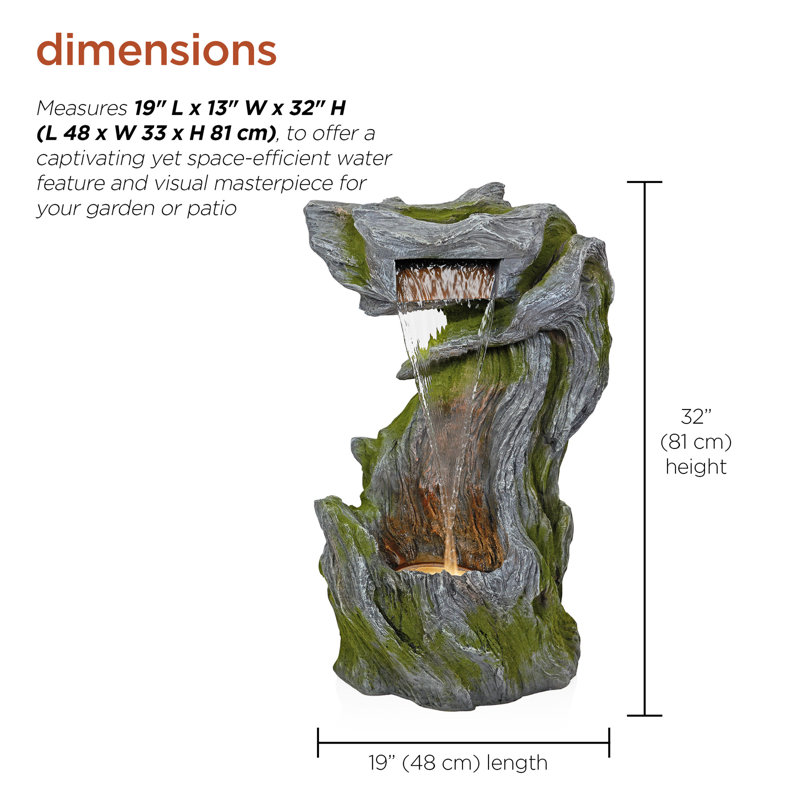 Waterfall in Realistic Tree Bark Fountain with LED Lights