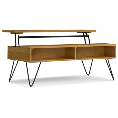 Hunter Solid Wood and Metal Industrial Small Lift Top Coffee Table with Hidden Storage, 2 Cubbies and Hairpin Legs