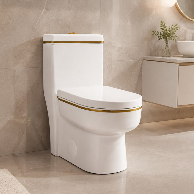 Toilette une pièce avec garniture dorée, double chasse 1,02 / 1,45 GPF, hauteur standard allongée, White