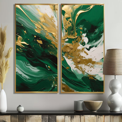 Vert et or Cascade sereine II - Grandes impressions abstraites sur toile, 2 panneaux