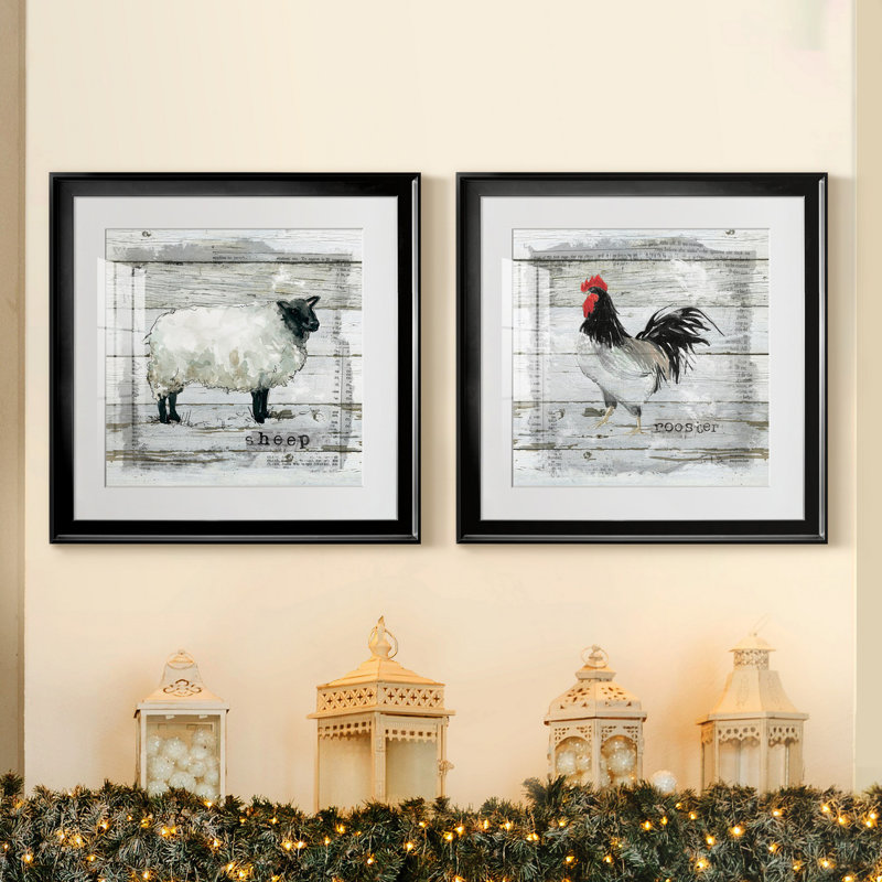 «Farmhouse Collage Sheep», ensemble de 2 reproductions d'impressions, Papier encadré noir, Blanc