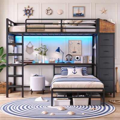 L-Shaped Bunk Bed Twin Over Twin with Desk, Hall Tree & Charging Station, Metal Bunk Beds with 5 Storage Drawers, LED Lights, Guardrail & Stairs, Twin Bunk Bed for Kids & Teens, No Box Spring Needed
