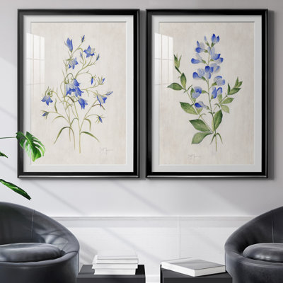 Blue Botanical I - Estampe botanique vintage, encadrée sous verre, lot de 2, décoration murale pour salon et salle à manger.