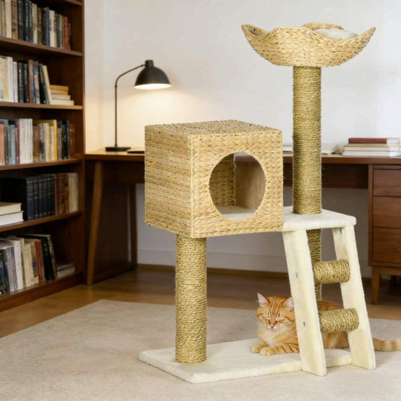 Arbre à chat tissé en forme de quenouille pour la tour de chats d'intérieur avec condo et lit