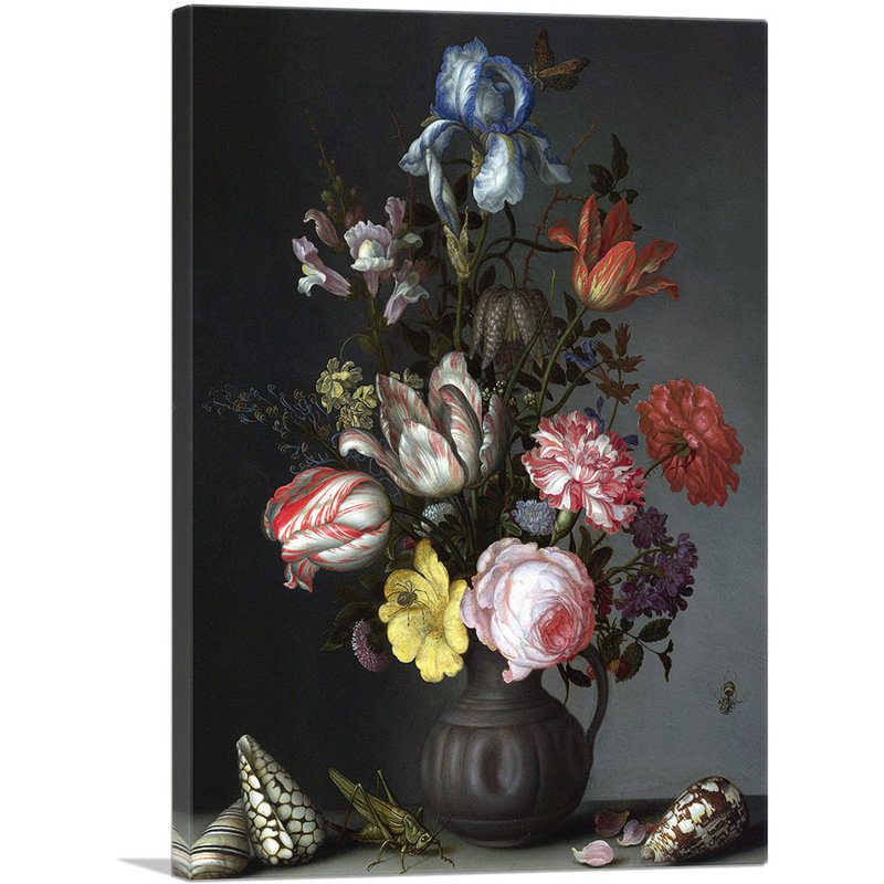 «Flowers in a Vase with Shells and Insect 1630» par Balthasar van der Ast - impression sur toile tendue