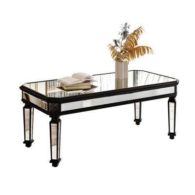 Table basse noire et argentée rétro en miroir pour les espaces de vie primaires, P 24 po x l 48 po H 18 po, café rectangulaire à finition de haute qualité avec et accents, bureau élégant, 23,6 po 18,5 po facile à nettoyer