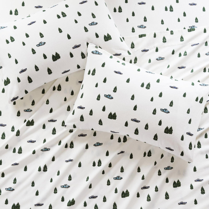 Ensemble de 4 draps pour grand lit avec des arbres et des camions séduisants, 100% flanelle de coton, velours doux double - brossé, convient à un matelas de 14 po convenablement exquis