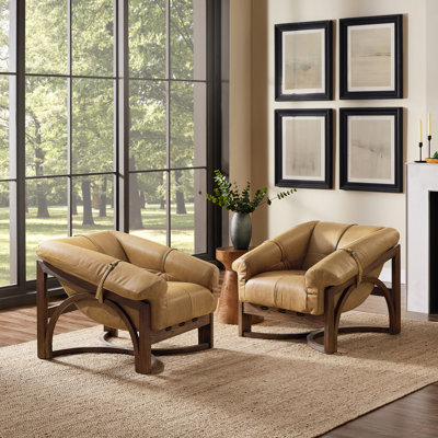 Verniece 33''W Full-Grain Leather Upholstered Armchair Leisure Lounge Chair with Ash Wood Base
