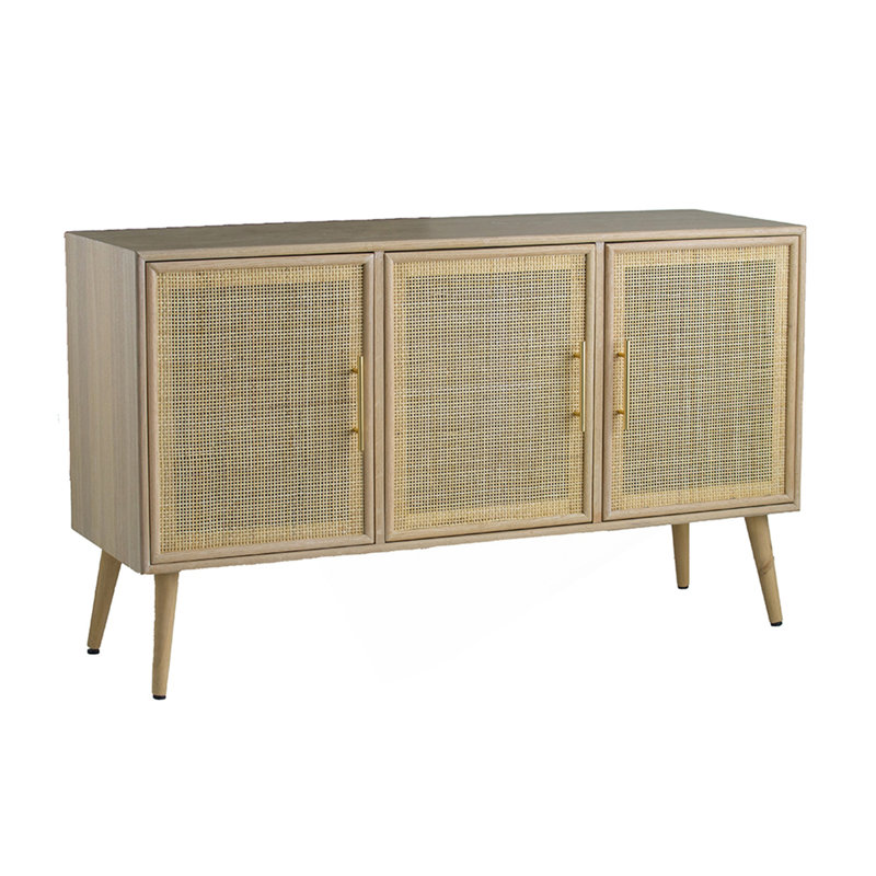 Meuble télé rustique en bois avec portes en rotin