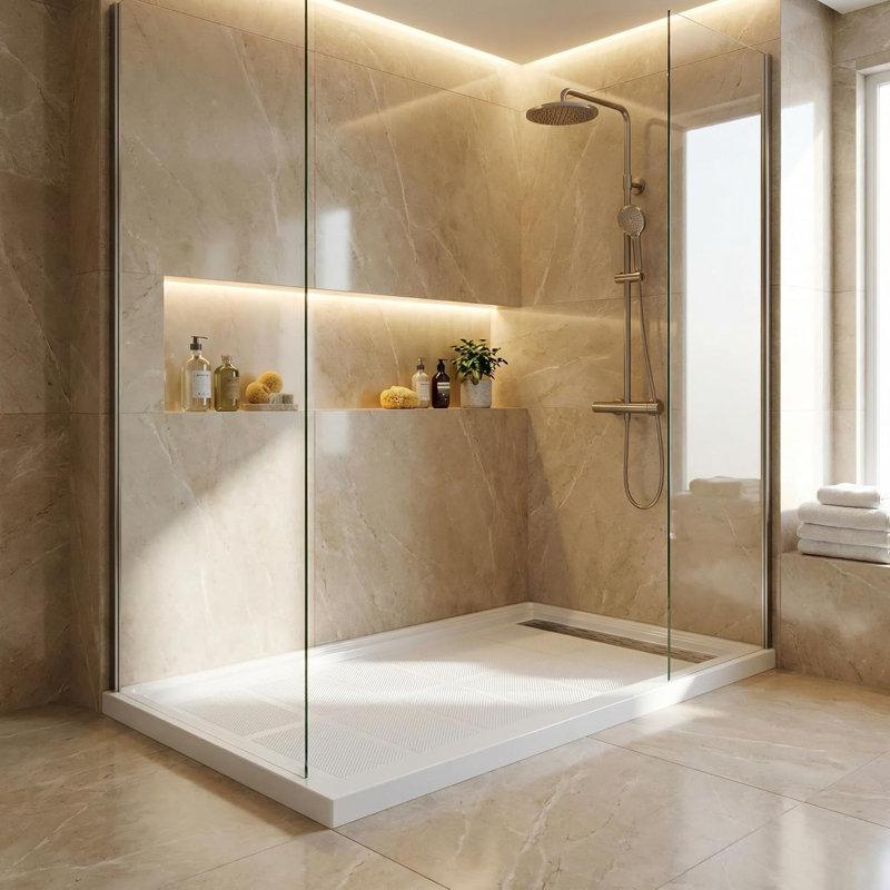 Receveur de douche 122 x 81 cm (48 x 32 po) - Bonde à droite, surface texturée antidérapante, base de douche à seuil unique en ABS avec trousse de bonde, installation facile, blanc
