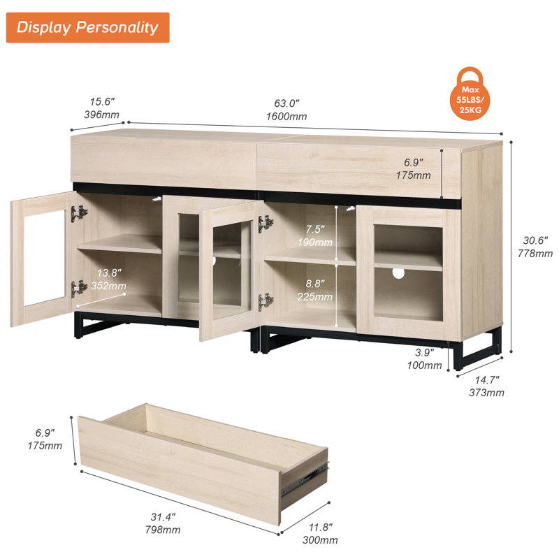 Modern TV Stand With Glass Doors For 70 Inch Tvs, 2 In 1 Entertainment Center Console With 2 Drawers And Metal Base For Living Room, Bedroom