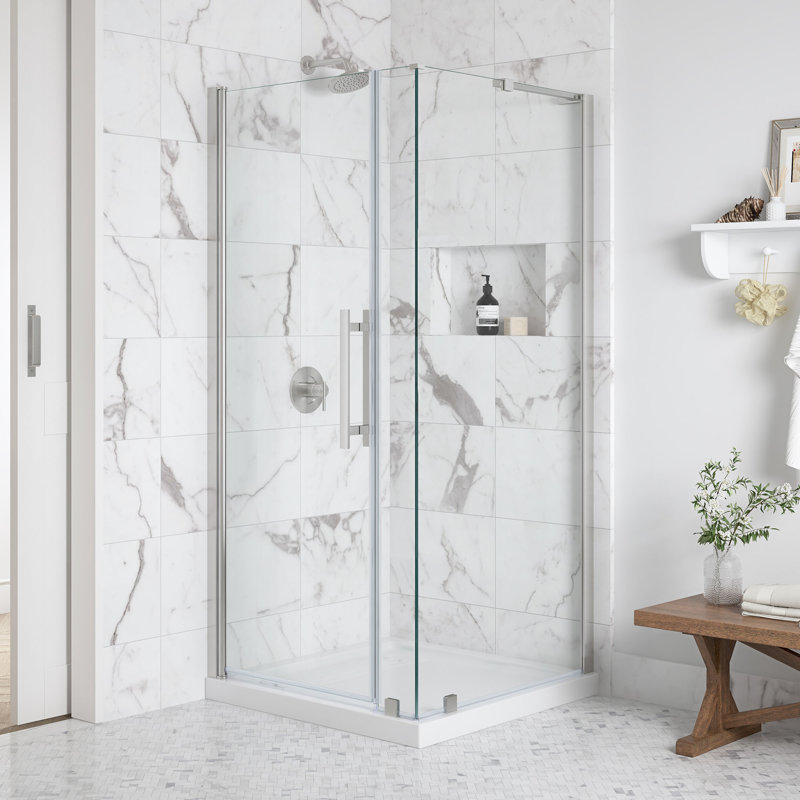 Ensemble de porte de douche pivotante sans cadre en nickel satiné OVE Breeze P 36 po x P 36 po x H 74 3/4 po OVE