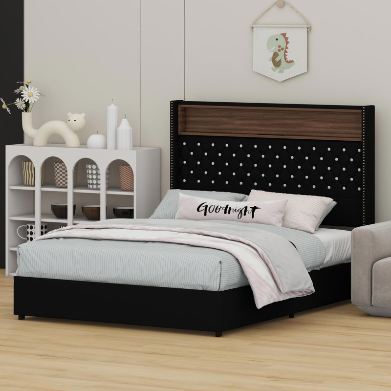 Soft Upholstered Bed Frame Featuring a Tall Wing-Back Headboard with Rivet Details, Built-in Shelving, USB Port, and Ambient Lighting