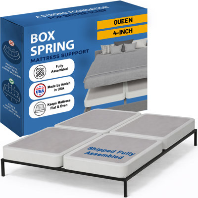 4-Inch Low Profile Wood Box Spring Bed Base, Under Mattress Support Foundation, Fully Assembled (Ships in 2 Boxes) - Queen, White
