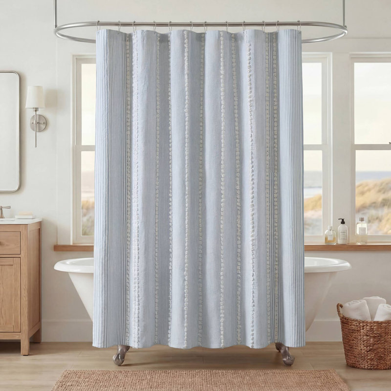 Blue Cotton Shower Curtains 72 x 72 Inch, Modern Textured Jacquard Bathroom
