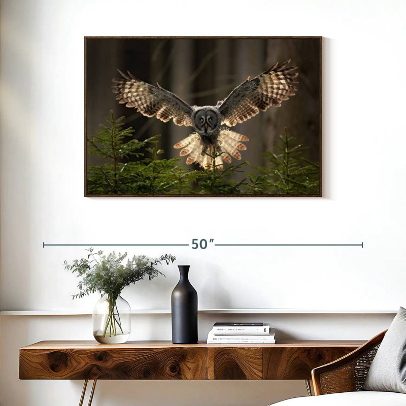 Hibou volant, 37 po x 25 po, Cadre flottant en noyer