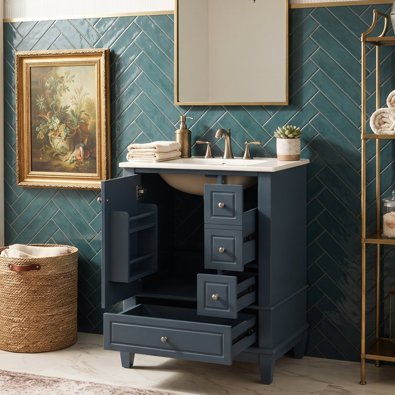 Meuble-lavabo simple autoportant 24 po avec lavabo en céramique, armoire de rangement avec 3 tiroirs et porte, Bleu gris, 24