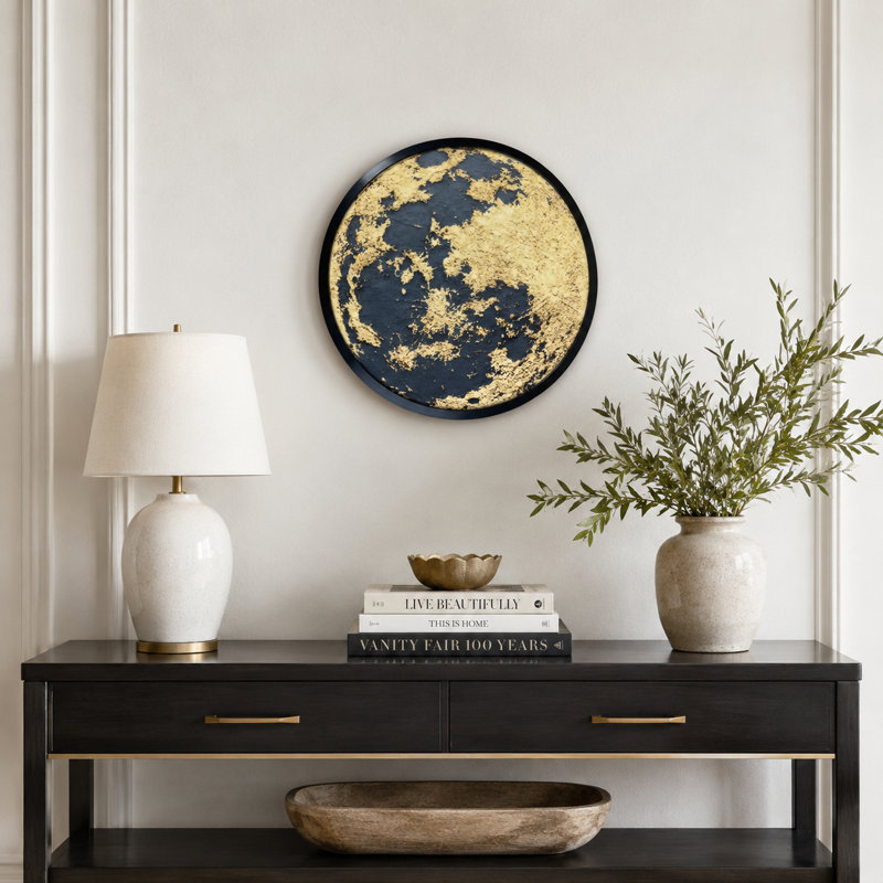 Art mural moderne abstrait noir doré rond encadré, 23.6" H x 23.6" W