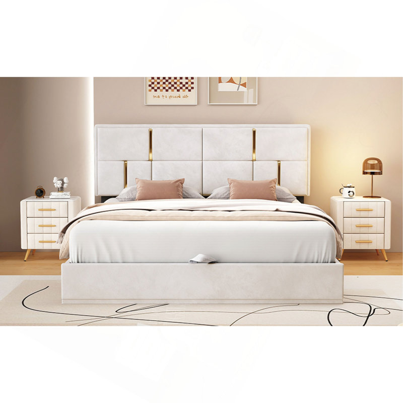 Grand lit plateforme tapissier avec système de rangement hydraulique, sans sommier tapissier, beige