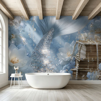 Peel and Stick Wallpaper Wall Mural Silver Mermaid Tail Underwater Scene Pearls Sparkling Stars Floating Wall Art Self Adhesive and Removable