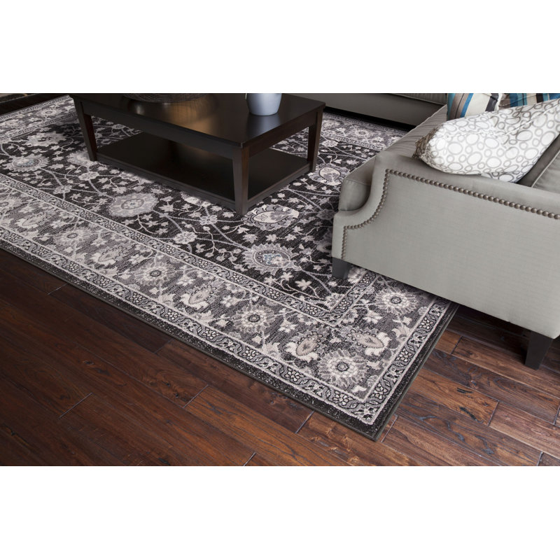 Tapis oriental tissé à la machine en anthracite, Rond 7 pi
