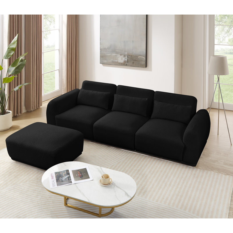 Modular Teddy Velvet Sectional Sofa – Cozy, Flexible 3 Seaters And Ottoman For Any Space, Black Teddy