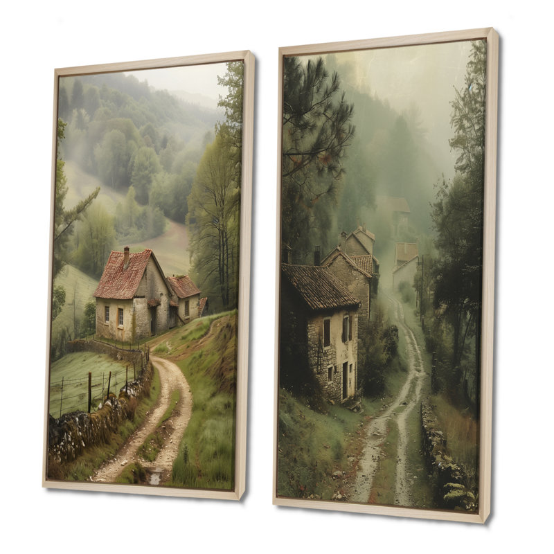 Ensemble de 2 pièces d'art mural vert paysage vert, H 32 po x l 32 po, Cadre flottant érable