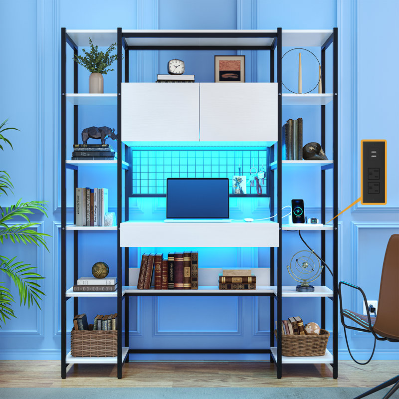  70.87" Home Office Desk With Bookshelf & Led Light & Built-in Outlets, Computer Desk With Drawer & Storage Shelves And Cabinets, Study Table Writing Desk With Hutch For Home Office, White