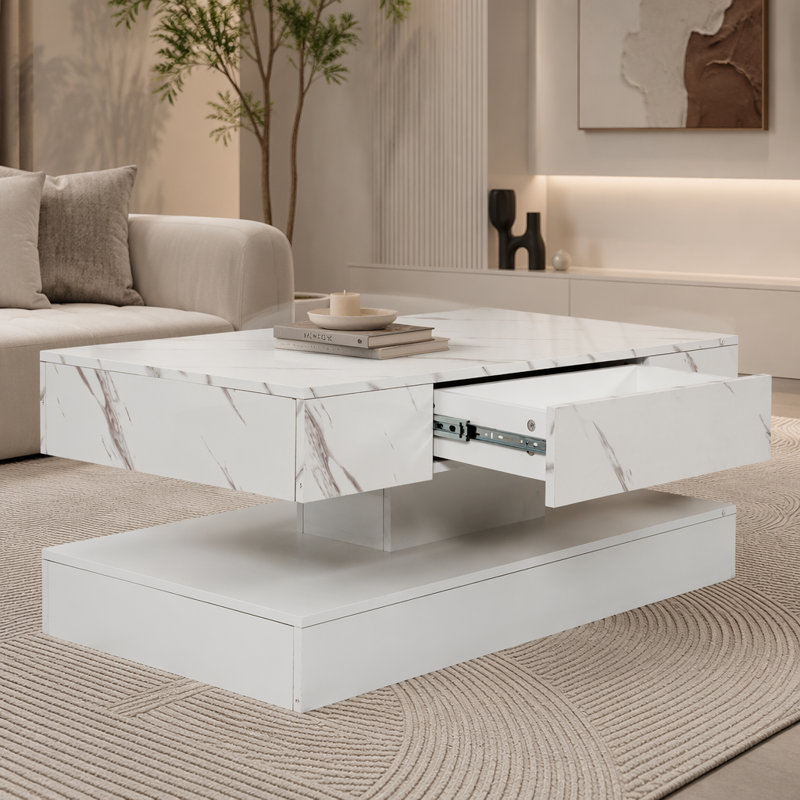 Table basse moderne à DEL avec éclairage RVB et tiroir de rangement, Blanc, marbre blanc