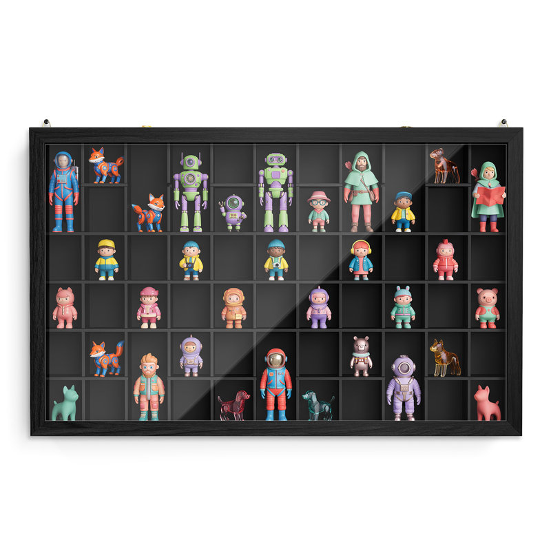 Vitrine murale, présentoir à 56 fentes pour jouets figurines avec porte en acrylique transparent verrouillable, 8 tablettes réglables, boîte à objets en bois, noir